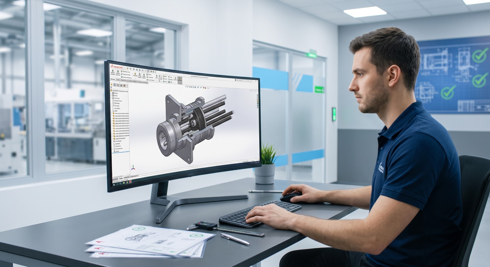 Ingénieur bureau d'études réalisant une modélisation 3D CAO d'une traversée de cloison étanche DAPINOV